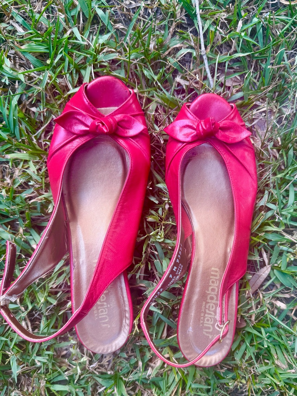 Vintage Leather Red Slingback Wedge Heels with Bow -